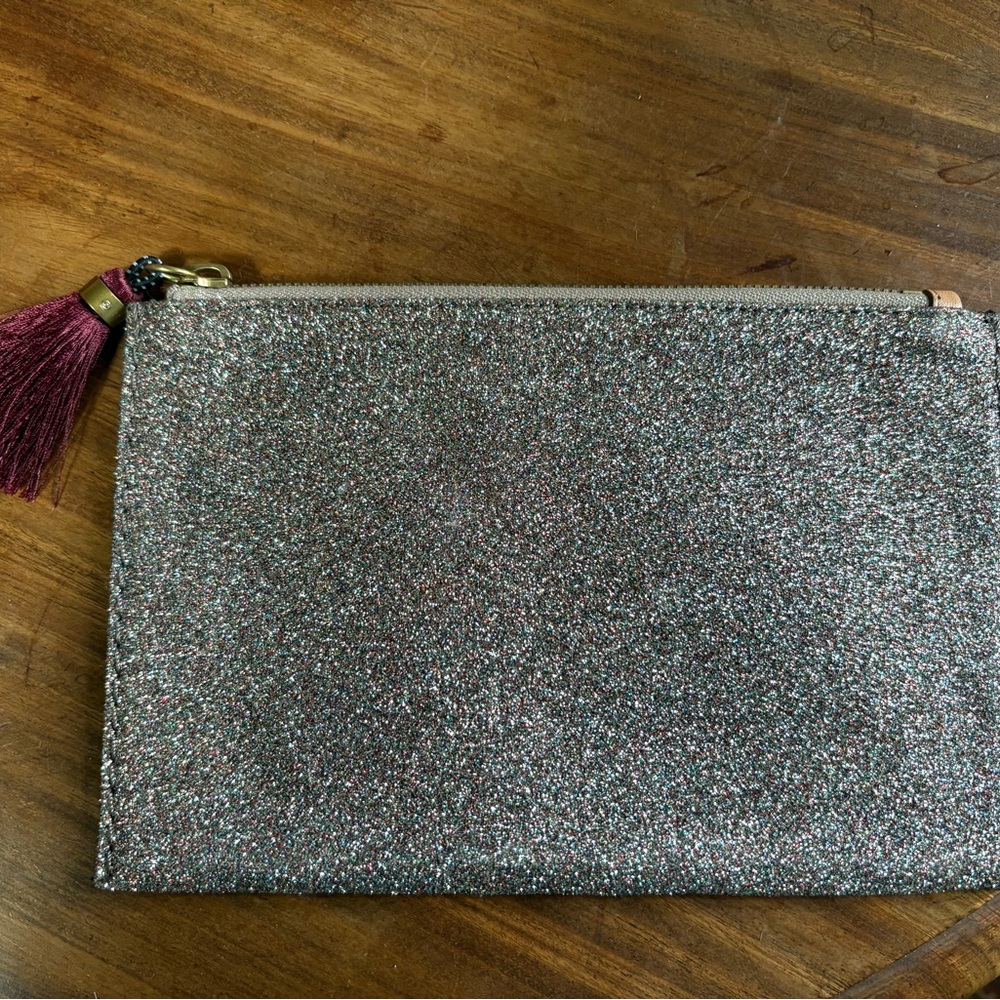 J. Crew Glittery Silver/Gold Clutch with Maroon Tassel